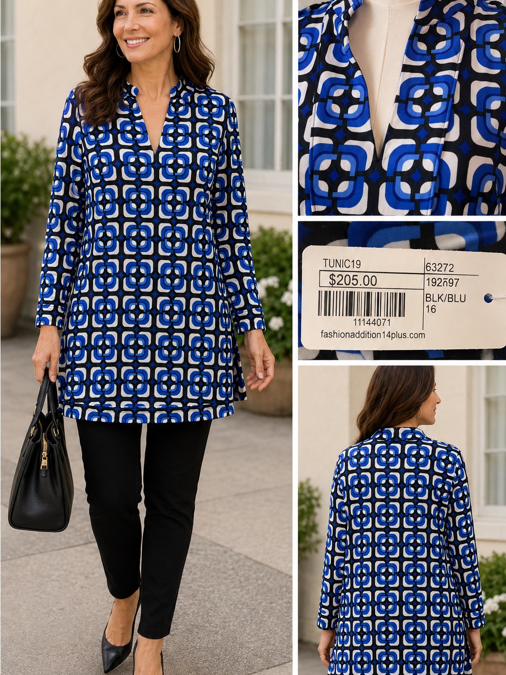 Nwt Joseph Ribkoff Rare Tunic 16 Blue Geometric Split Neck Msrp $205